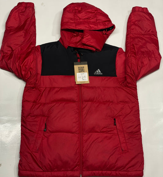 Adidas puffer jacket in red and black